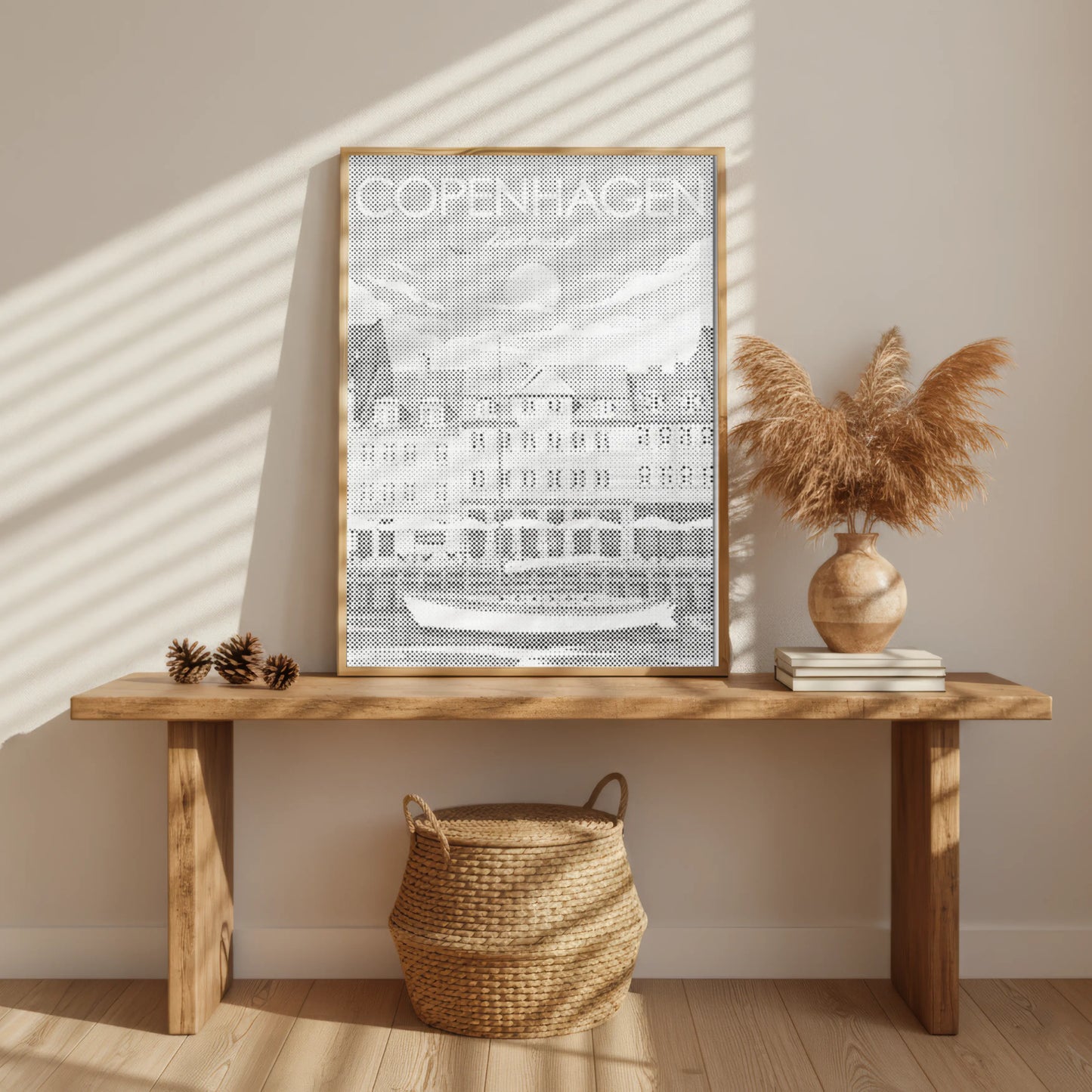 Framed Copenhagen poster on a wooden table with decorative items. Copenhagen Nyhavn | Dot Painting Kit