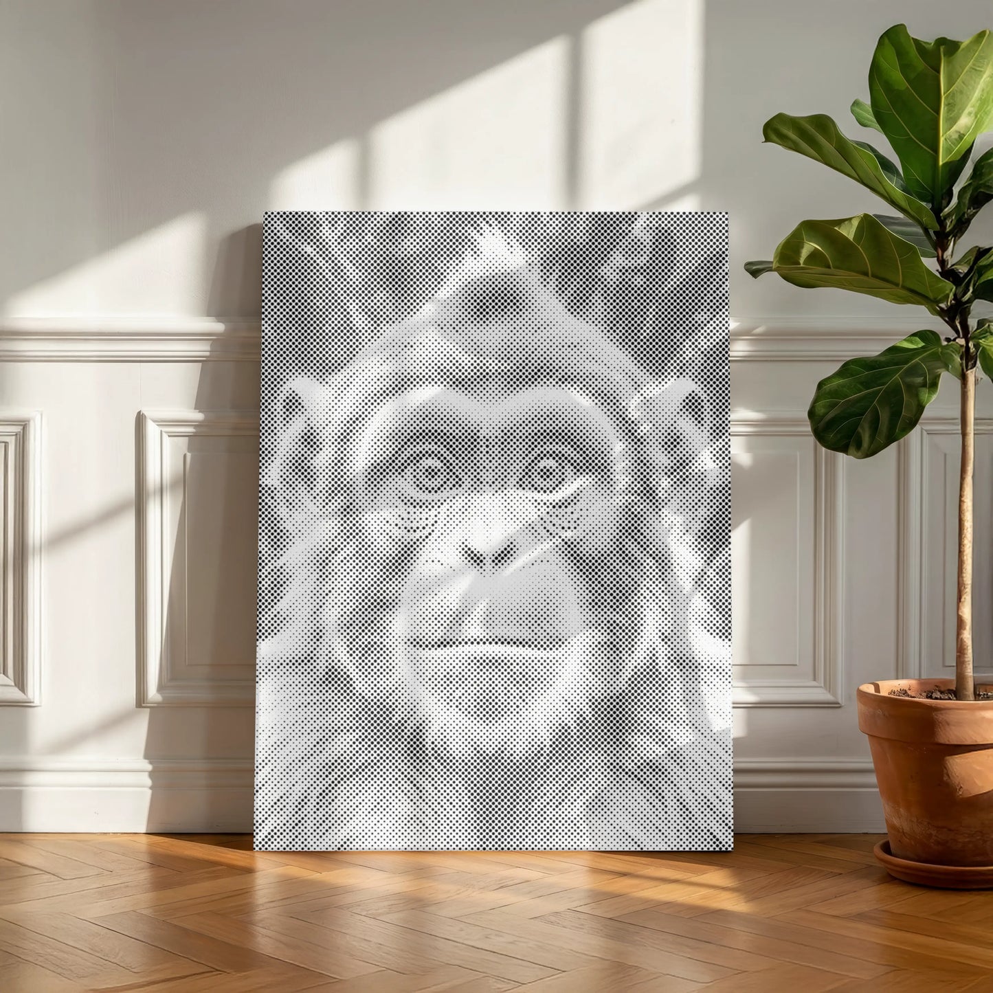 Dot Painting Kit Gorilla artwork on a wall in a room with a plant