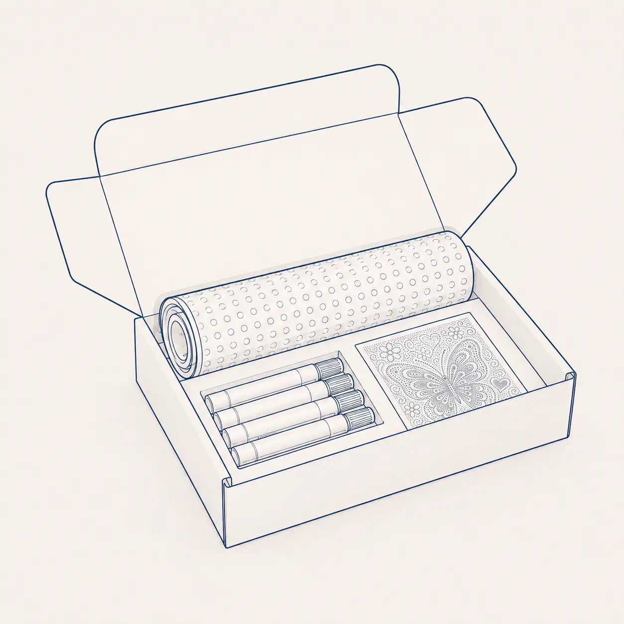 An open Paint By Dots kit box with a rolled dotted canvas, dot markers and a printed preview