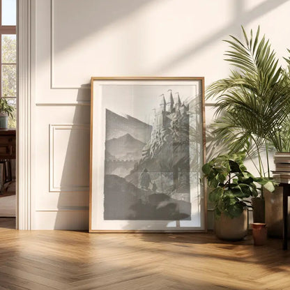Room interior with a framed dot painting on the wall, plants, and a table with books.