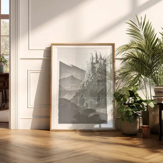 Room interior with a framed dot painting on the wall, plants, and a table with books.