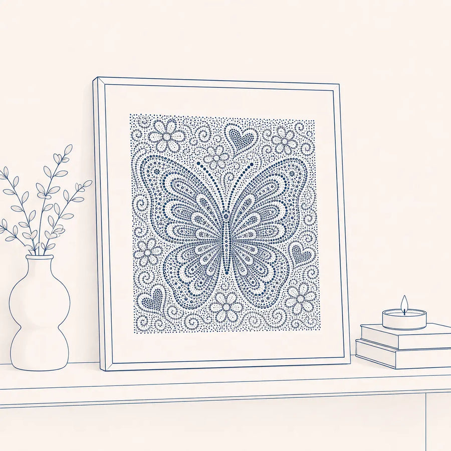A finished framed dot painting on a wall