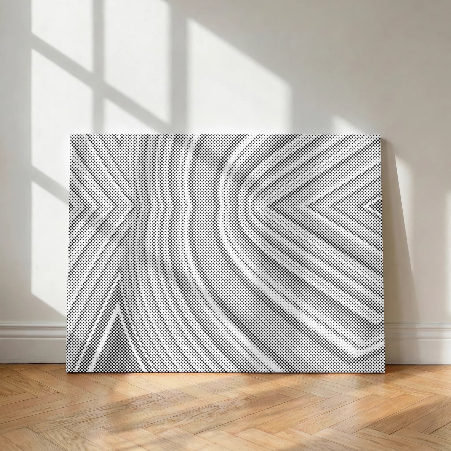 Abstract black and white patterned artwork on a wall with sunlight casting shadows. Abstract Background | Dot Painting Kit