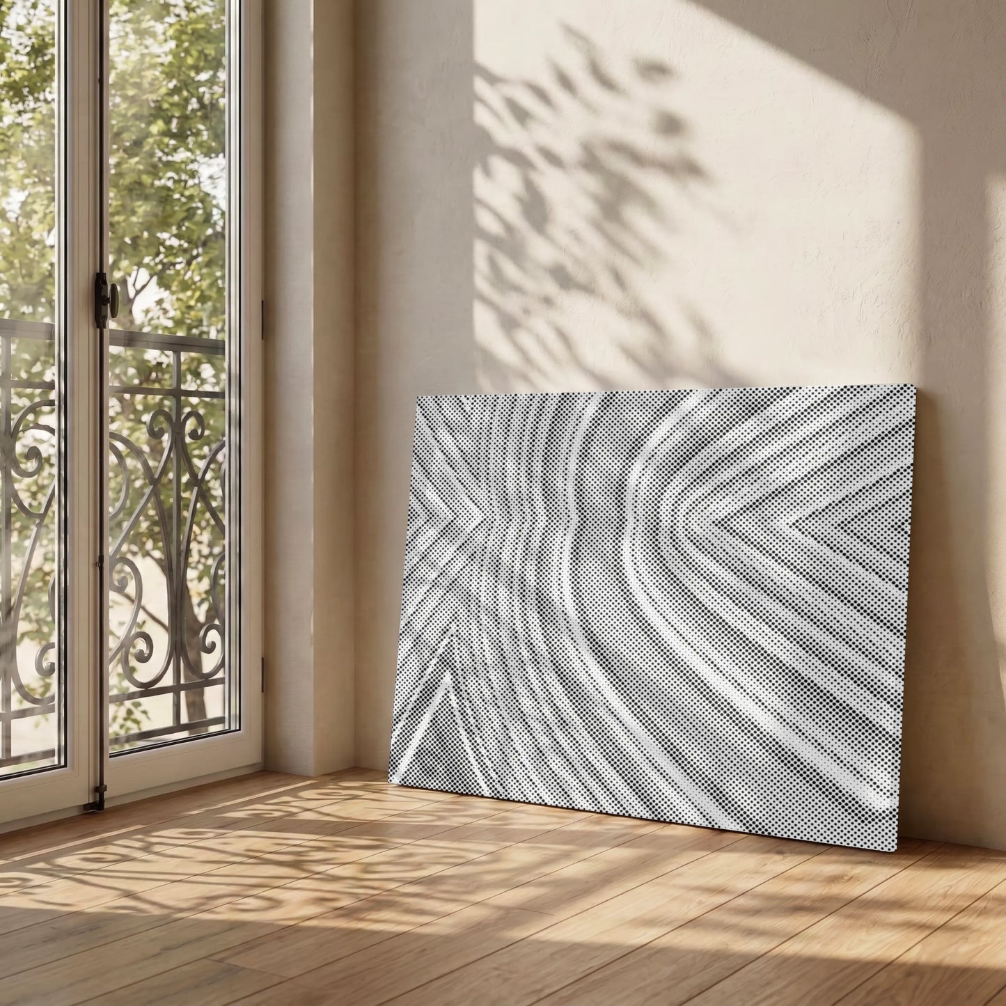 Decorative dot painting canvas with geometric pattern in a room with a window and wooden floor.