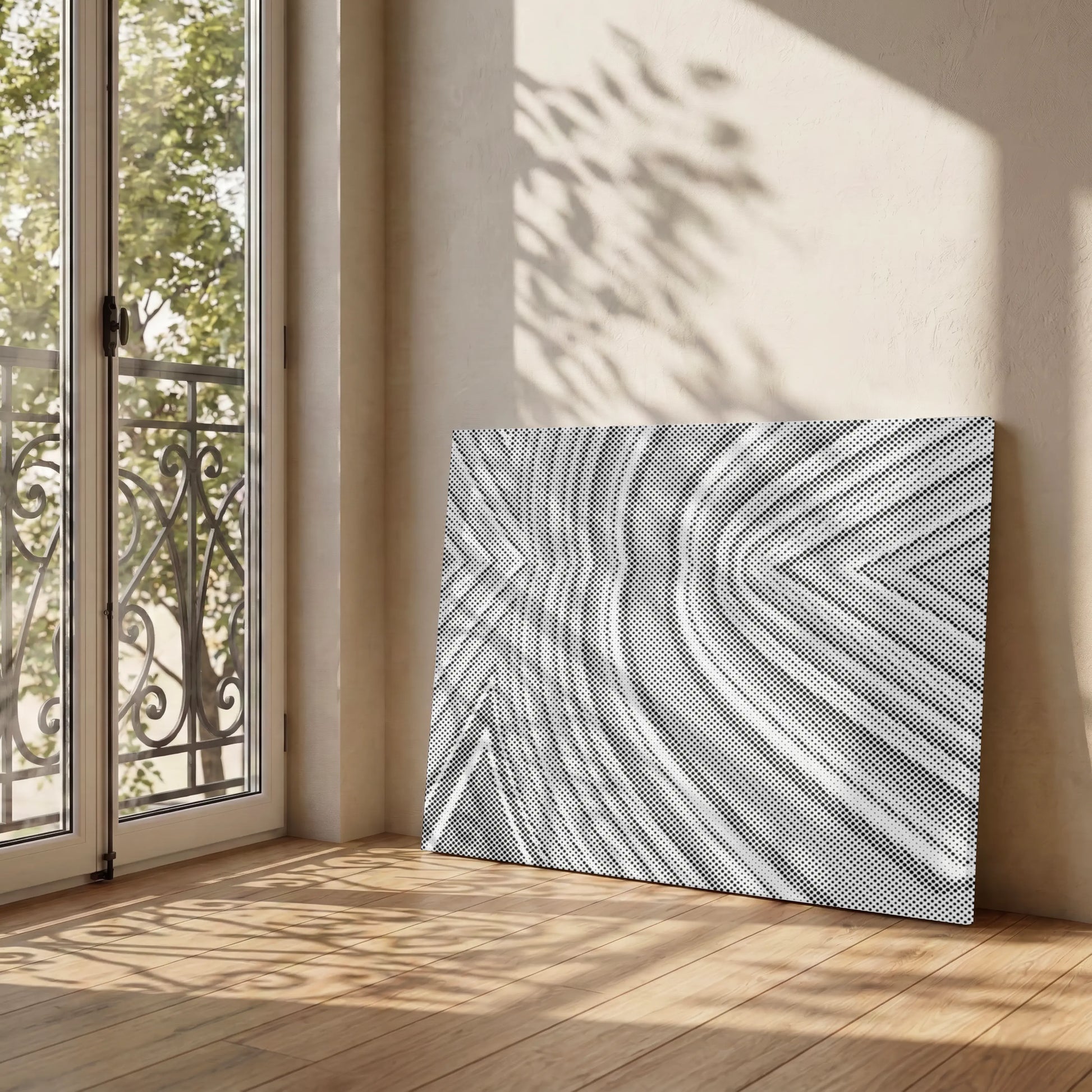 Decorative dot painting canvas with geometric pattern in a room with a window and wooden floor.