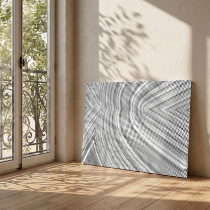 Decorative dot painting canvas with geometric pattern in a room with a window and wooden floor.