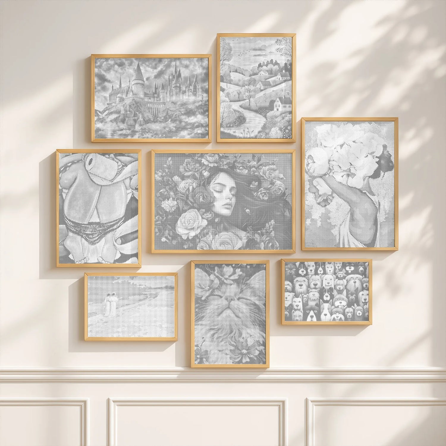 Set of framed artworks on a wall with a neutral background. All Dot Painting Kits