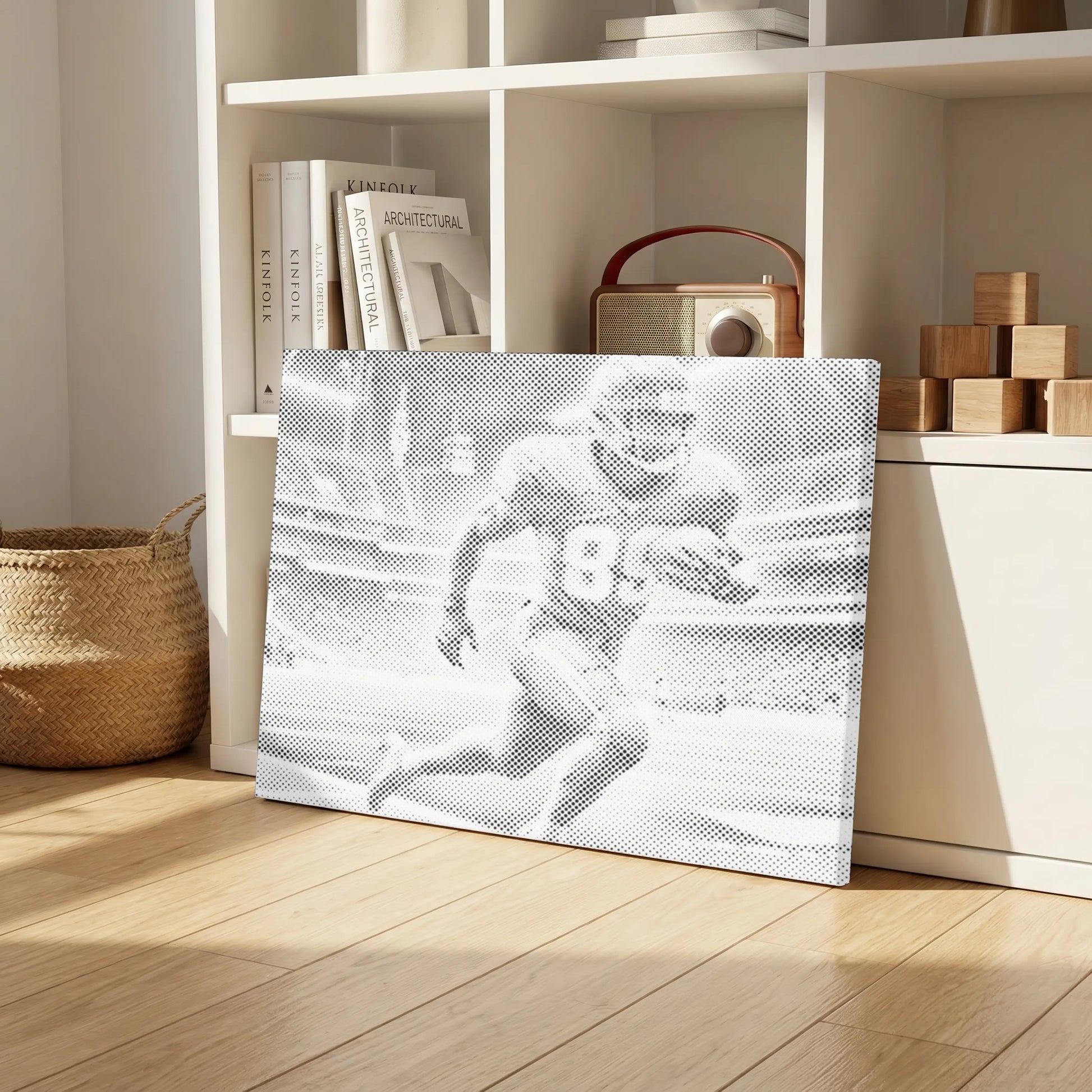 Dot Painting from Paint By Dots of a football player on a wooden floor with a bookshelf in the background