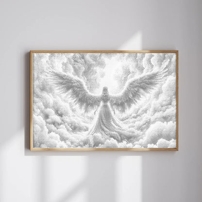 Framed Dot Painting artwork of an angel on a white wall