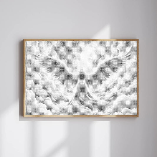 Framed Dot Painting artwork of an angel on a white wall
