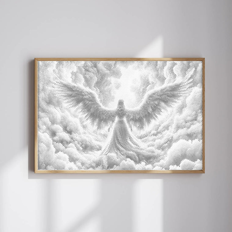 Framed Dot Painting artwork of an angel on a white wall