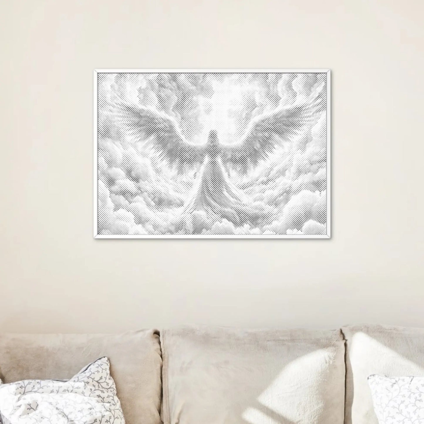 Framed Dot Painting piece of an angel on a wall above a sofa