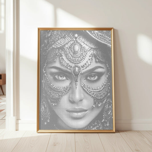 Framed artwork of a face with intricate patterns on a white wall. Arab woman dot painting