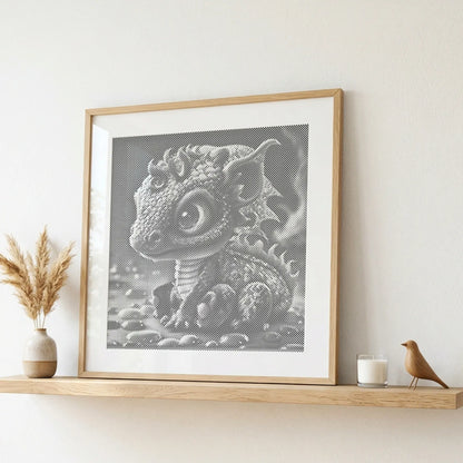 Framed artwork of a dragon on a shelf with decorative items. Baby Dragon | Dot Painting Kit