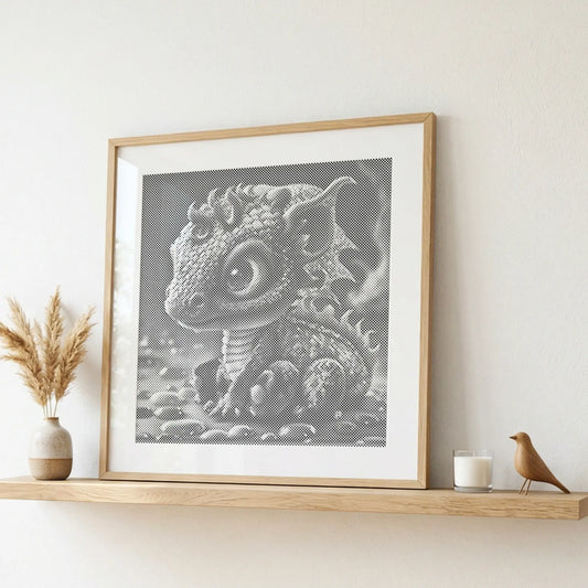 Framed artwork of a dragon on a shelf with decorative items. Baby Dragon | Dot Painting Kit