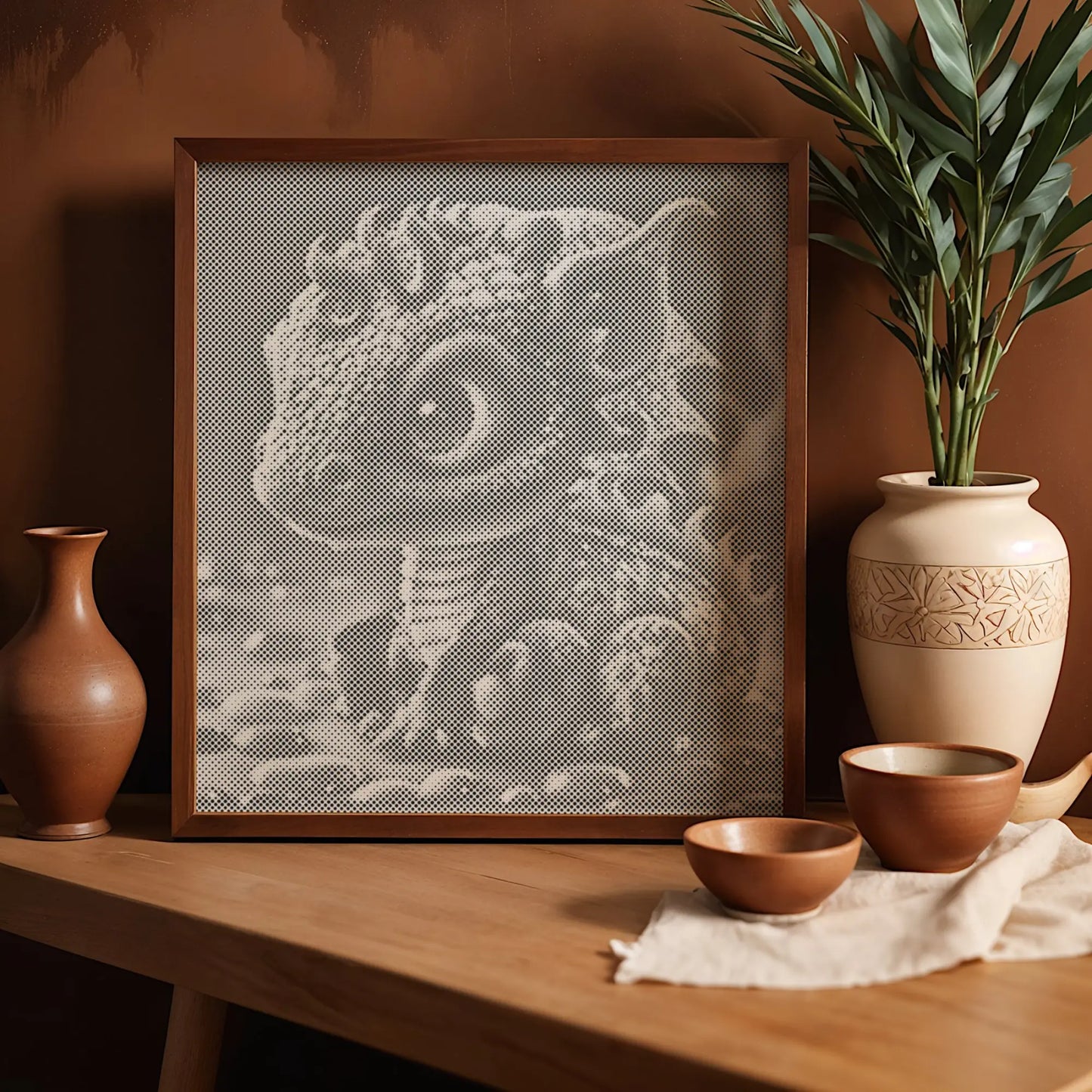 Framed artwork of a dragon on a wooden table with decorative vases and bowls. Baby Dragon | Dot Painting Kit