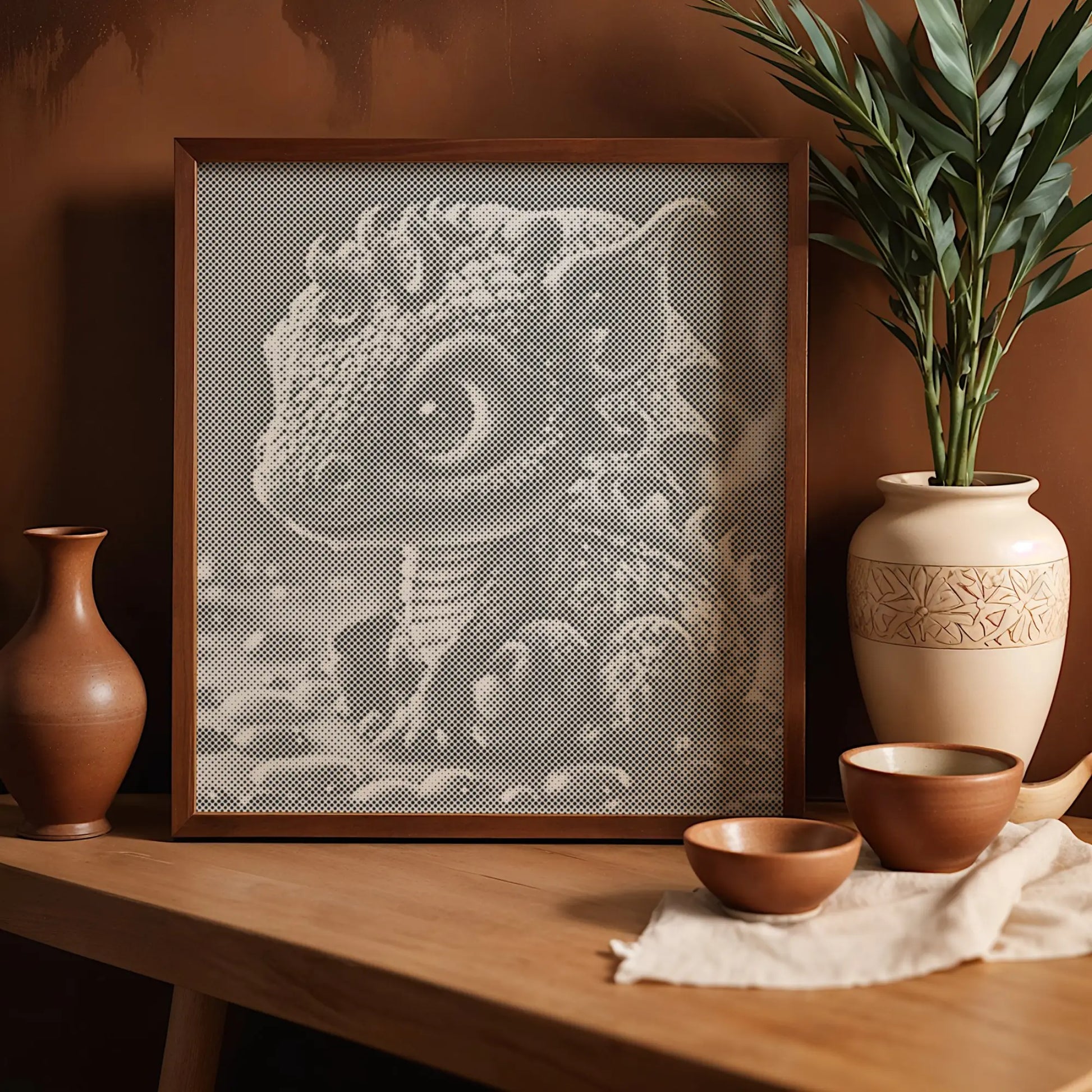 Framed artwork of a dragon on a wooden table with decorative vases and bowls. Baby Dragon | Dot Painting Kit