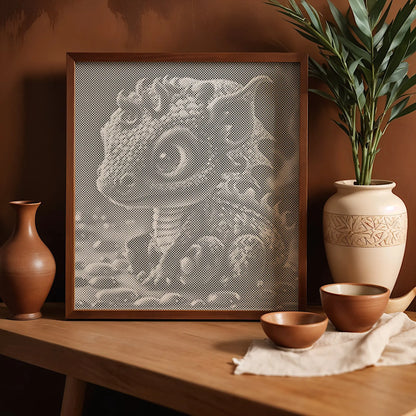 Framed artwork of a dragon on a wooden table with decorative vases and bowls. Baby Dragon | Dot Painting Kit