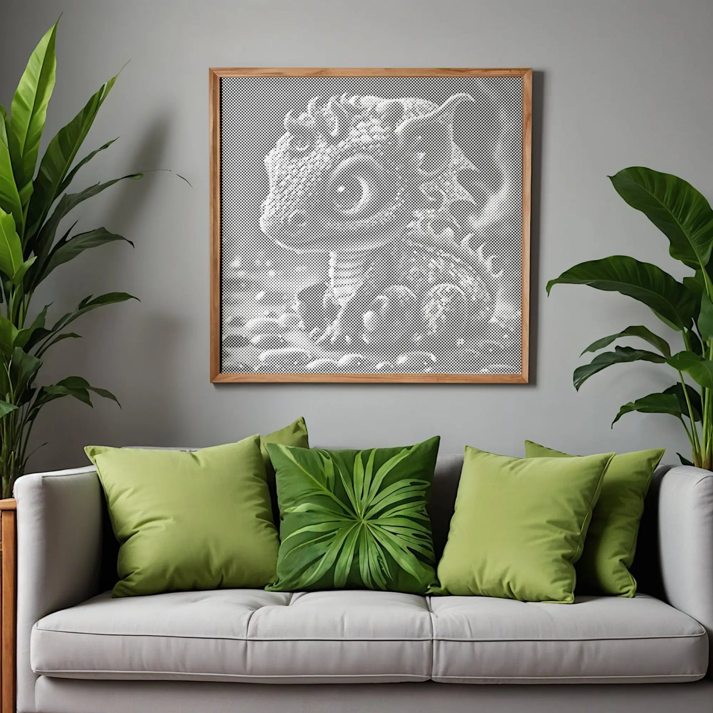Living room with a gray sofa, green pillows, and a framed artwork of a creature on the wall. Baby Dragon | Dot Painting Kit