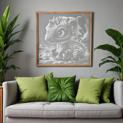 Living room with a gray sofa, green pillows, and a framed artwork of a creature on the wall. Baby Dragon | Dot Painting Kit