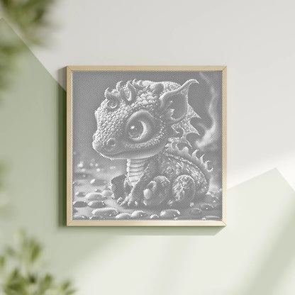 Framed artwork of a dinosaur head on a light green wall with a plant in the corner. Baby Dragon | Dot Painting Kit