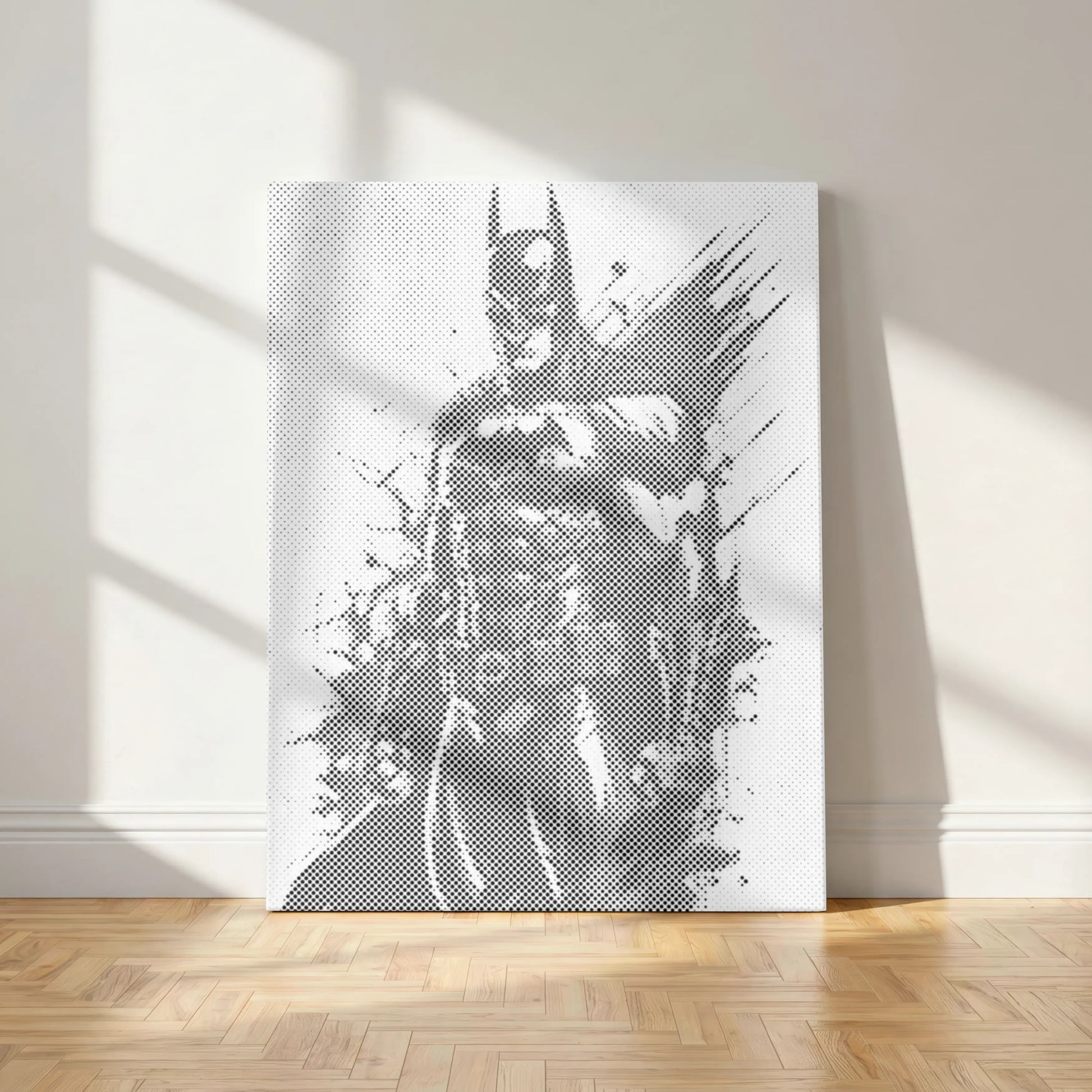 Batman artwork on a white wall with wooden flooring