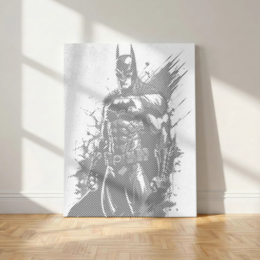 Batman artwork on a white wall with wooden flooring