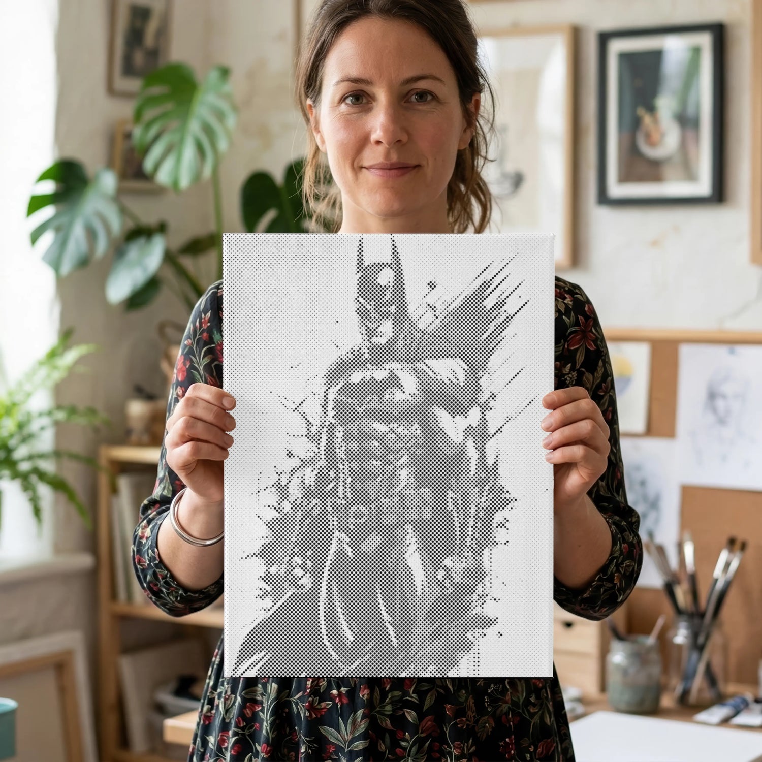 Woman holding a black and white print of a superhero in an indoor setting with plants and art. Batman Dark Knight | Dot Painting Kit