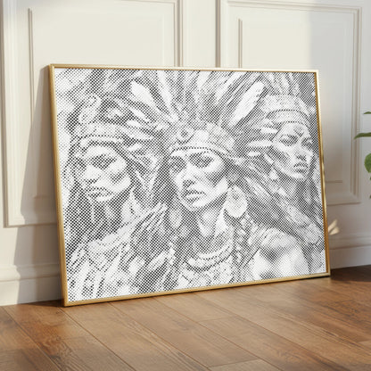 Framed artwork of a woman with a headdress on a wall in a room with wooden flooring and a plant.