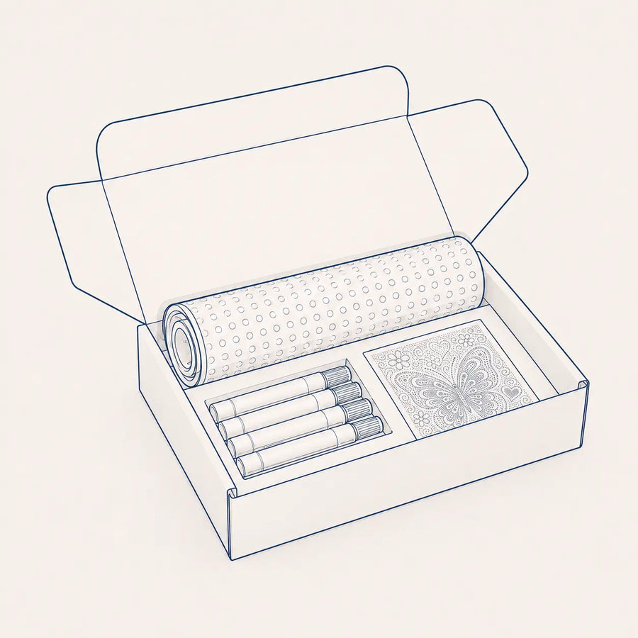 An open Paint By Dots kit box with canvas and markers