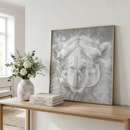 A large framed black and white canvas print of a camel's face leans against a white wall on a light wood console table, styled with a marble vase of white flowers and books.