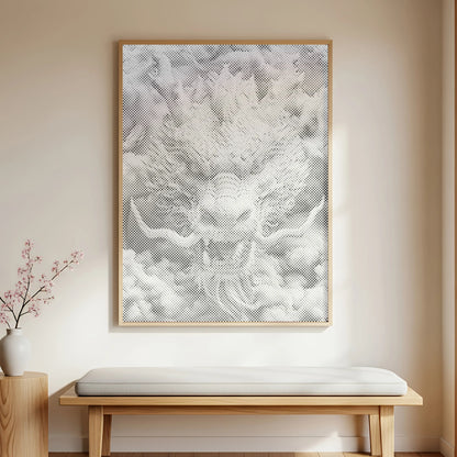 Modern interior with abstract art, wooden bench, and vase with branches. Chinese Dragon | Dot Painting Kit