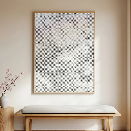 Modern interior with abstract art, wooden bench, and vase with branches. Chinese Dragon | Dot Painting Kit