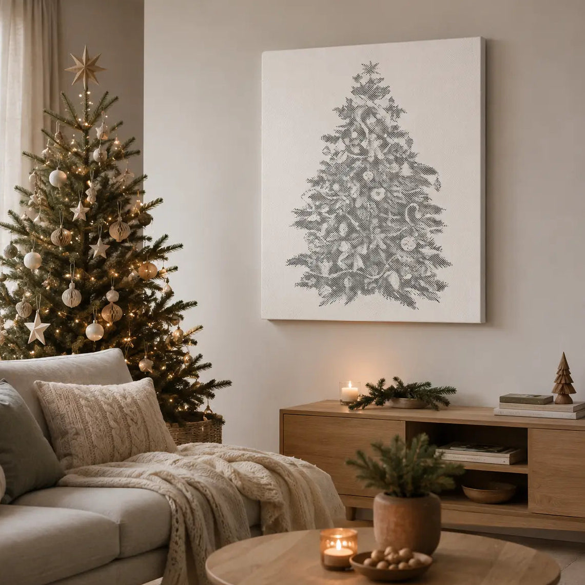 Cozy living room with a decorated Christmas tree and festive decor. Christmas Tree | Dot Painting Kit