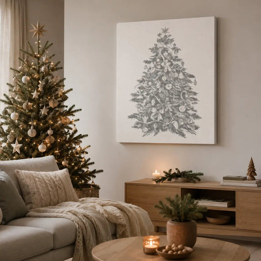 Cozy living room with a decorated Christmas tree and festive decor. Christmas Tree | Dot Painting Kit
