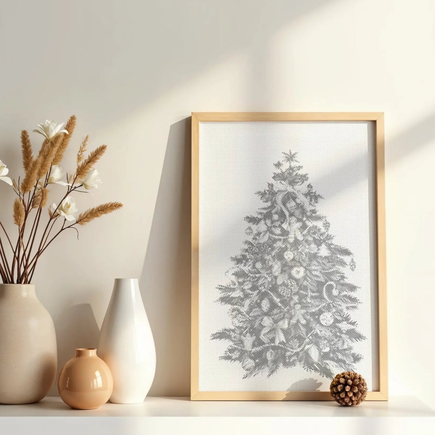 Framed artwork of a Christmas tree on a shelf with decorative vases and plants. Christmas Tree | Dot Painting Kit