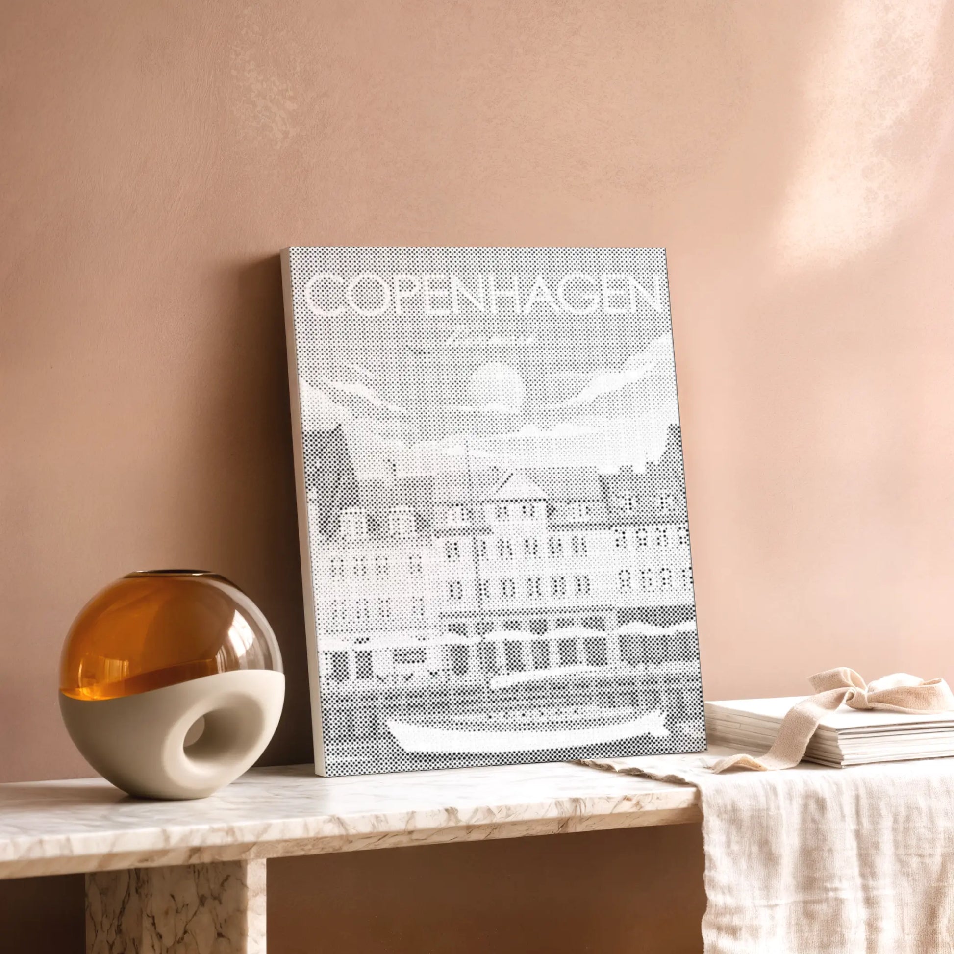 Canvas print of Copenhagen with a decorative vase and books on a table. Copenhagen Nyhavn | Dot Painting Kit