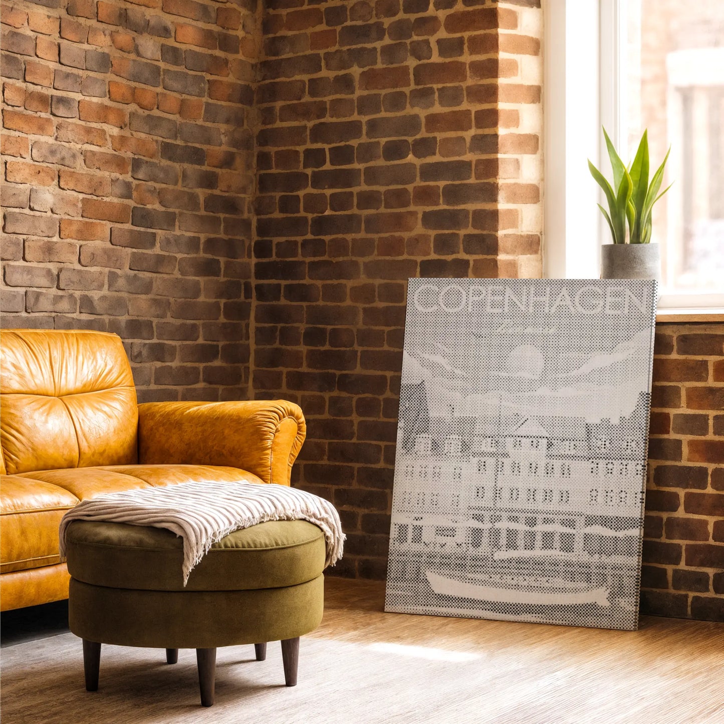 Orange armchair with a matching ottoman against a brick wall, next to a decorative sign. Copenhagen Nyhavn | Dot Painting Kit