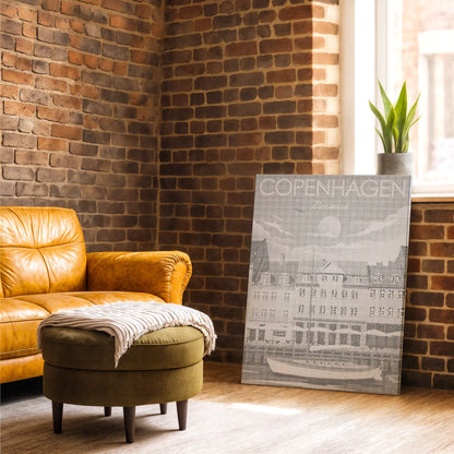 Orange armchair with a matching ottoman against a brick wall, next to a decorative sign. Copenhagen Nyhavn | Dot Painting Kit
