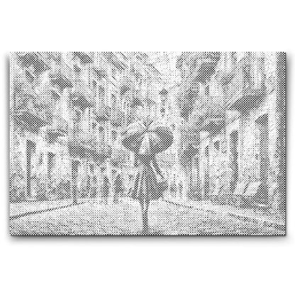 Dot Painting einer Frau mit Regenschirm in einer Stadtstraße – stilvoll und ruhig.