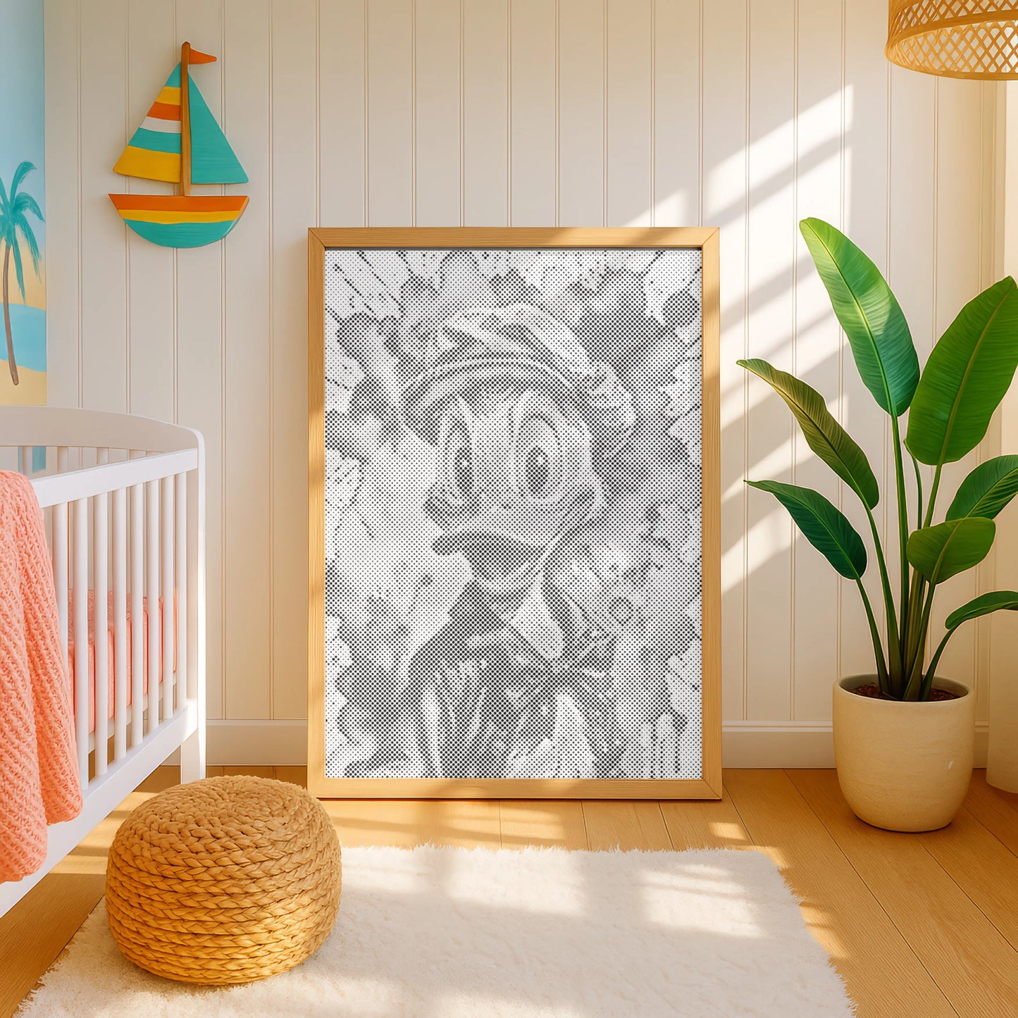 Framed cartoon character in a child's room with a crib, plant, and colorful sailboat decoration. Donald Duck| Dot Painting Kit