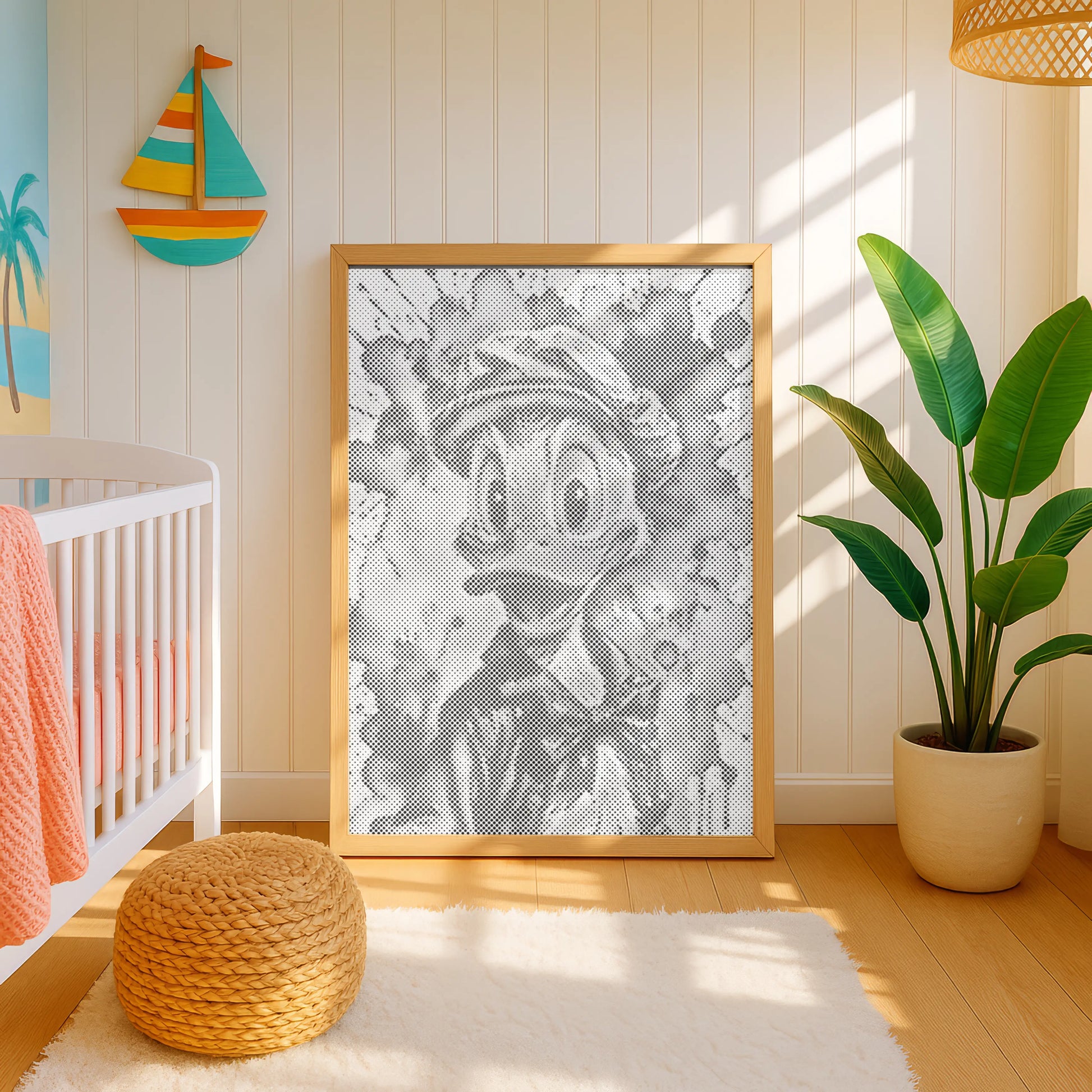 Framed cartoon character in a child's room with a crib, plant, and colorful sailboat decoration. Donald Duck| Dot Painting Kit