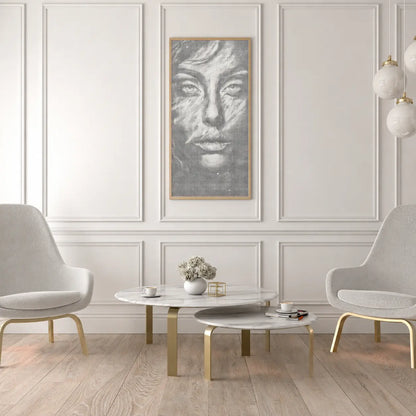 Modern living room with gray chairs, a coffee table, and wall art. Face of Silence | Dot Painting Kit