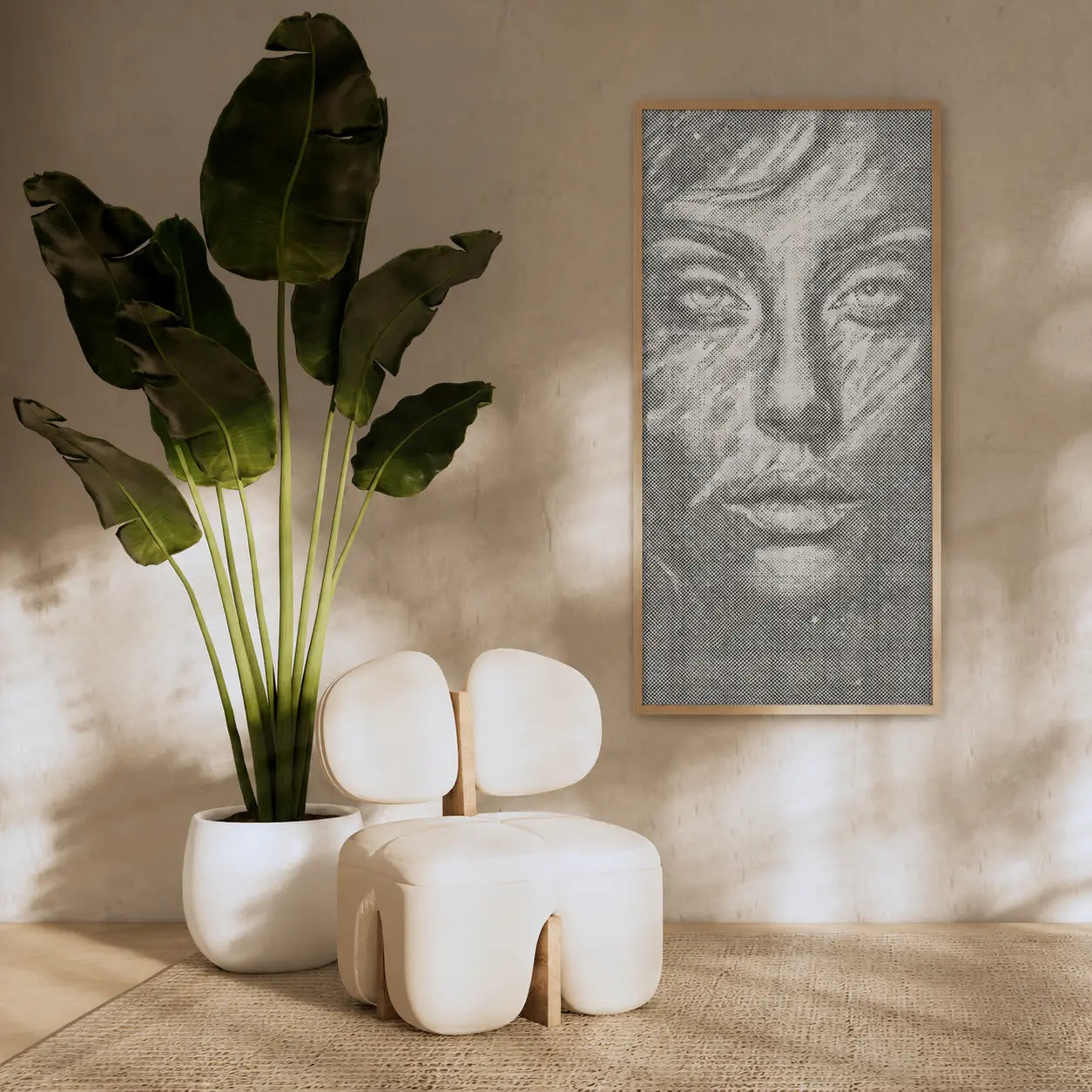 Modern white chair with a plant and framed artwork on a beige wall Face of Silence | Dot Painting Kit