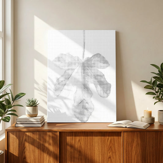 Abstract art print on a wooden cabinet with plants and books in a bright room. Fig Leaf | Dot Painting Kit