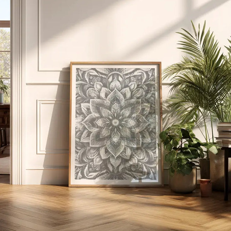 Decorative framed artwork on a wall in a bright room with plants Floral Mandala | Dot Painting Kit