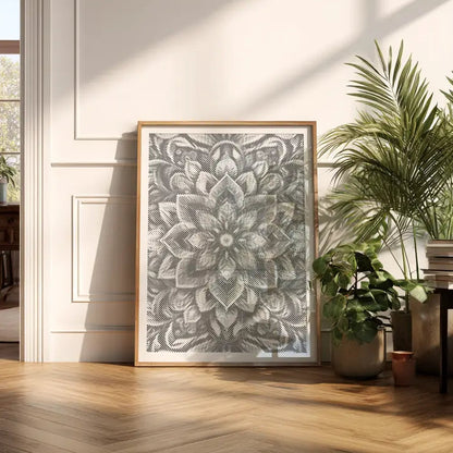 Decorative framed artwork on a wall in a bright room with plants Floral Mandala | Dot Painting Kit