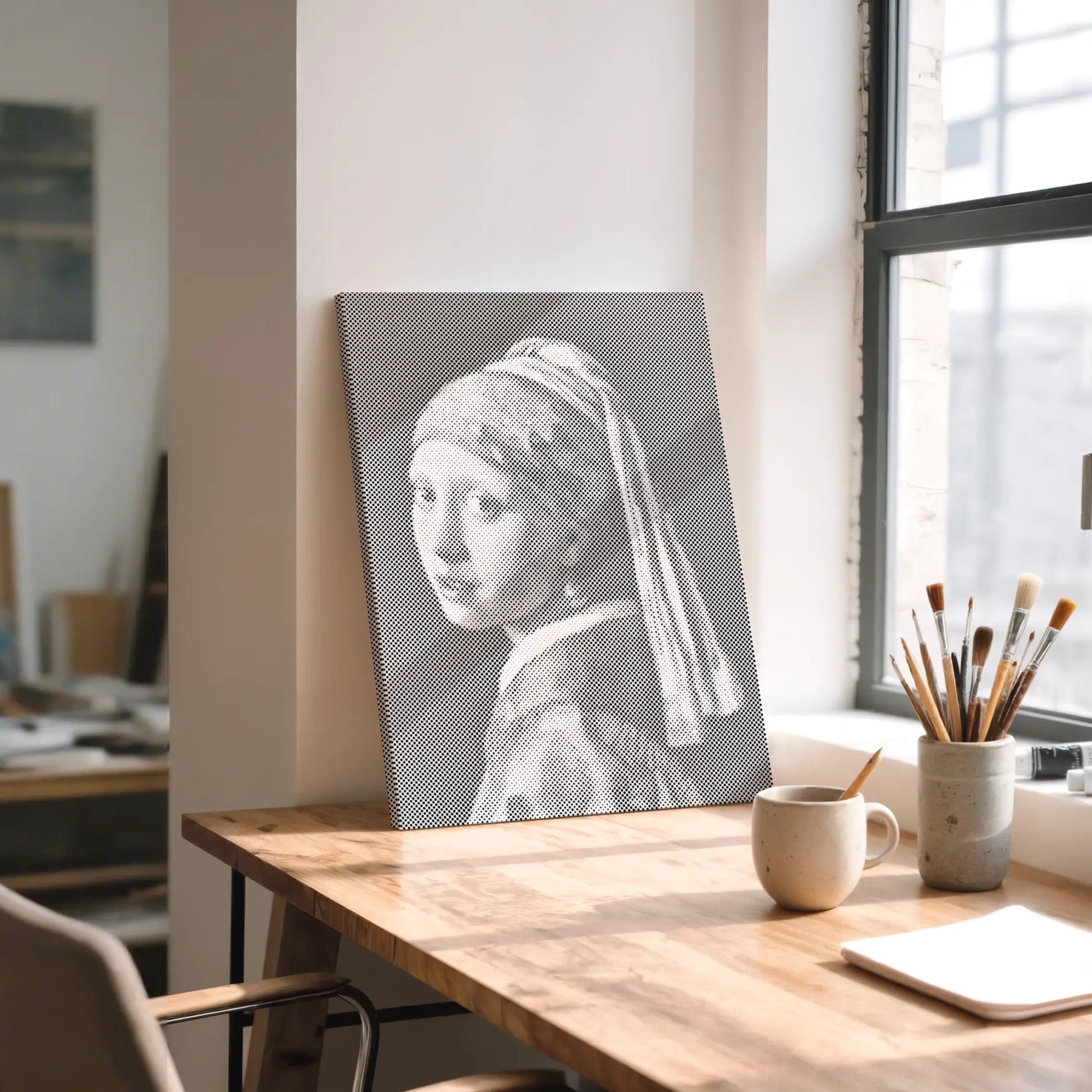 dot painting print of 'Girl with a Pearl Earring' on a wooden table with a cup and brushes. 