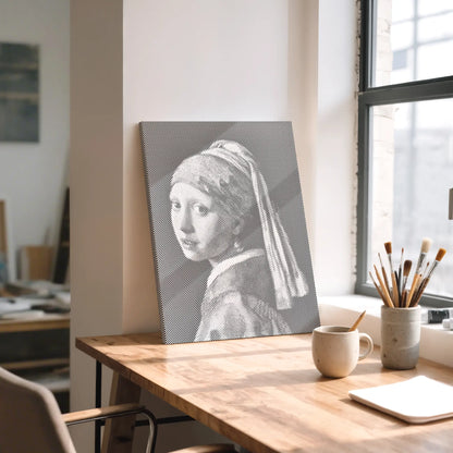 dot painting print of 'Girl with a Pearl Earring' on a wooden table with a cup and brushes. 
