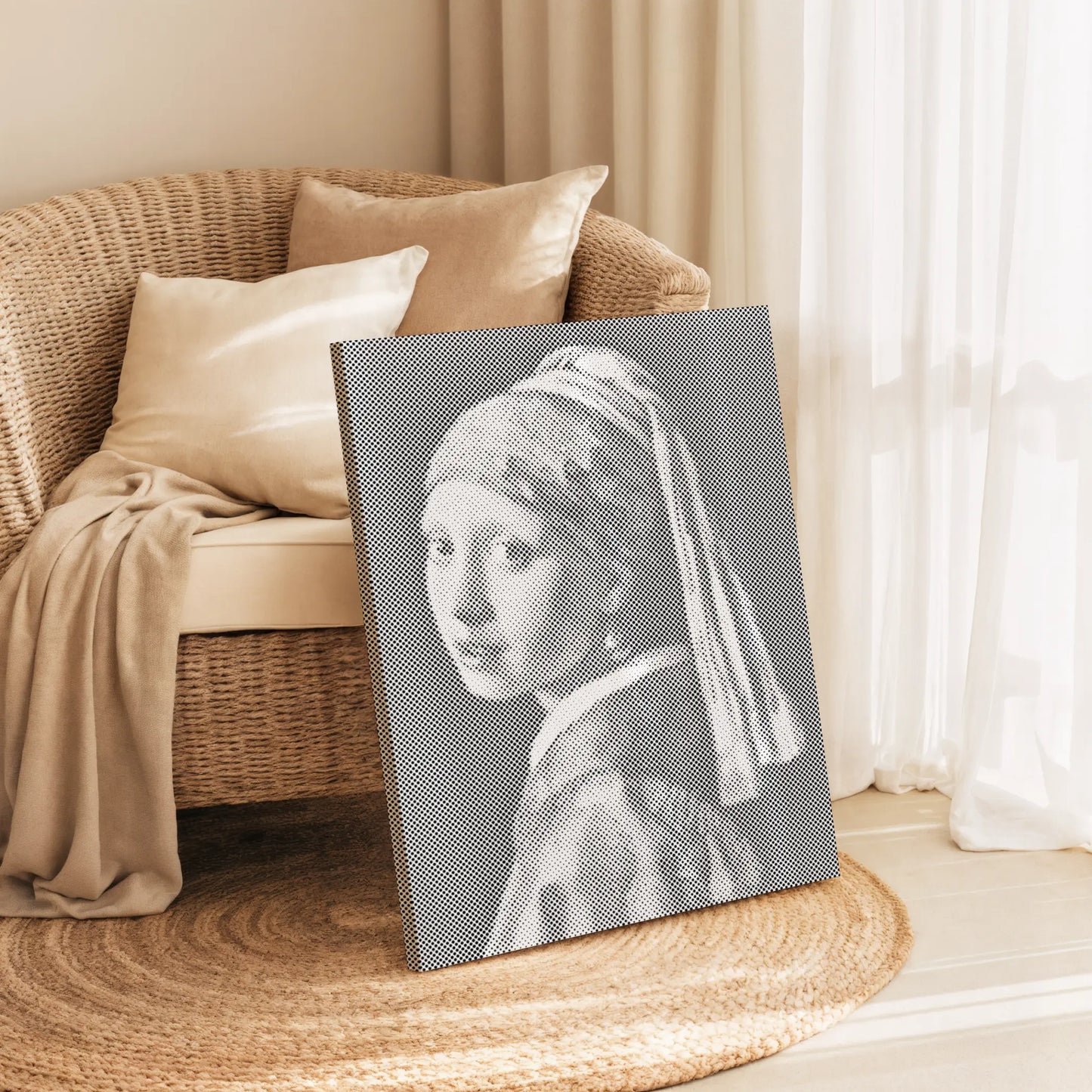 Dot Painting Girl Pearl Earring Kit | Paint by Dots

 of a woman with a pearl earring on a rug in a living room.